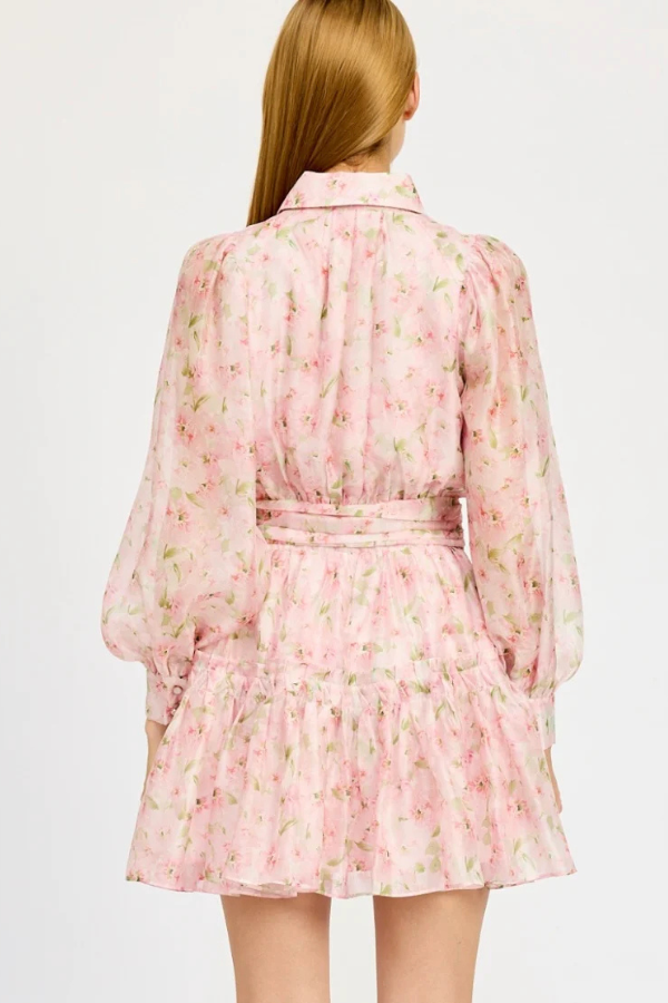 En Saison Floral Print Long Sleeve Tie Waist Mini Dress