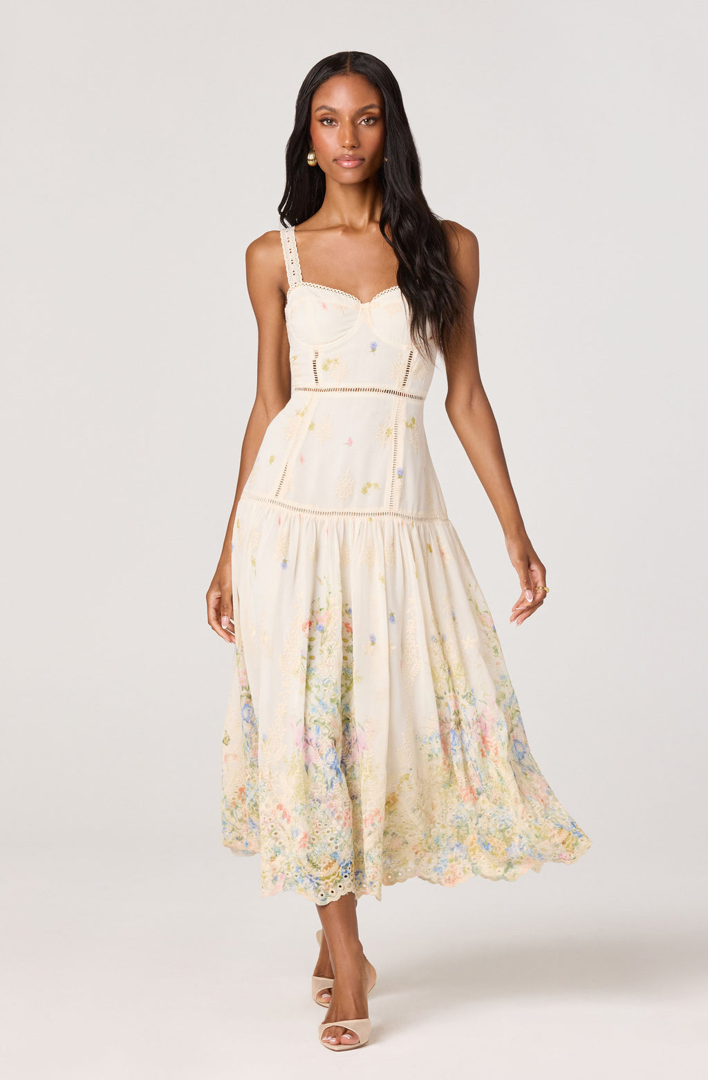 ASTR the Label | Pellagia Embroidered Eyelet Tiered Midi Dress in Cream Multi Floral