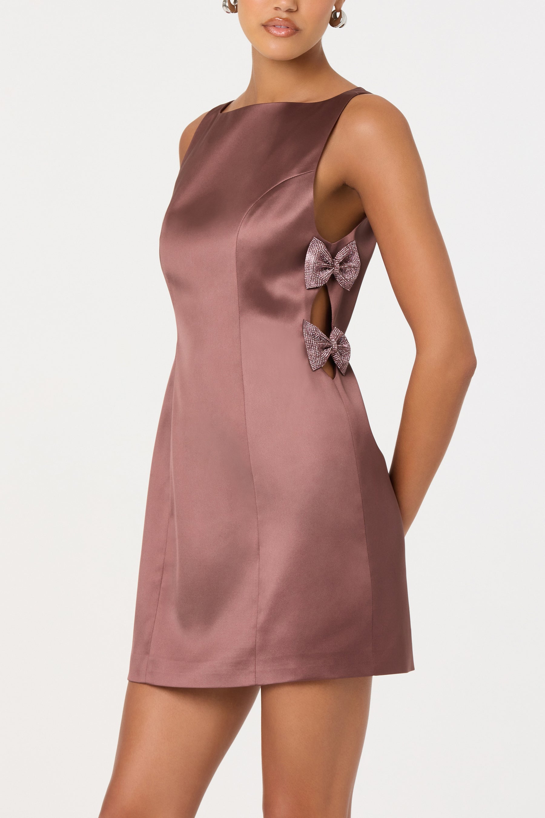 astr the label cocktail dress | Kinsey Satin Bow Mini in Mauve Color:Natural undyed flax chartreuse this blue stripe dress Mango Yellow Spandex &