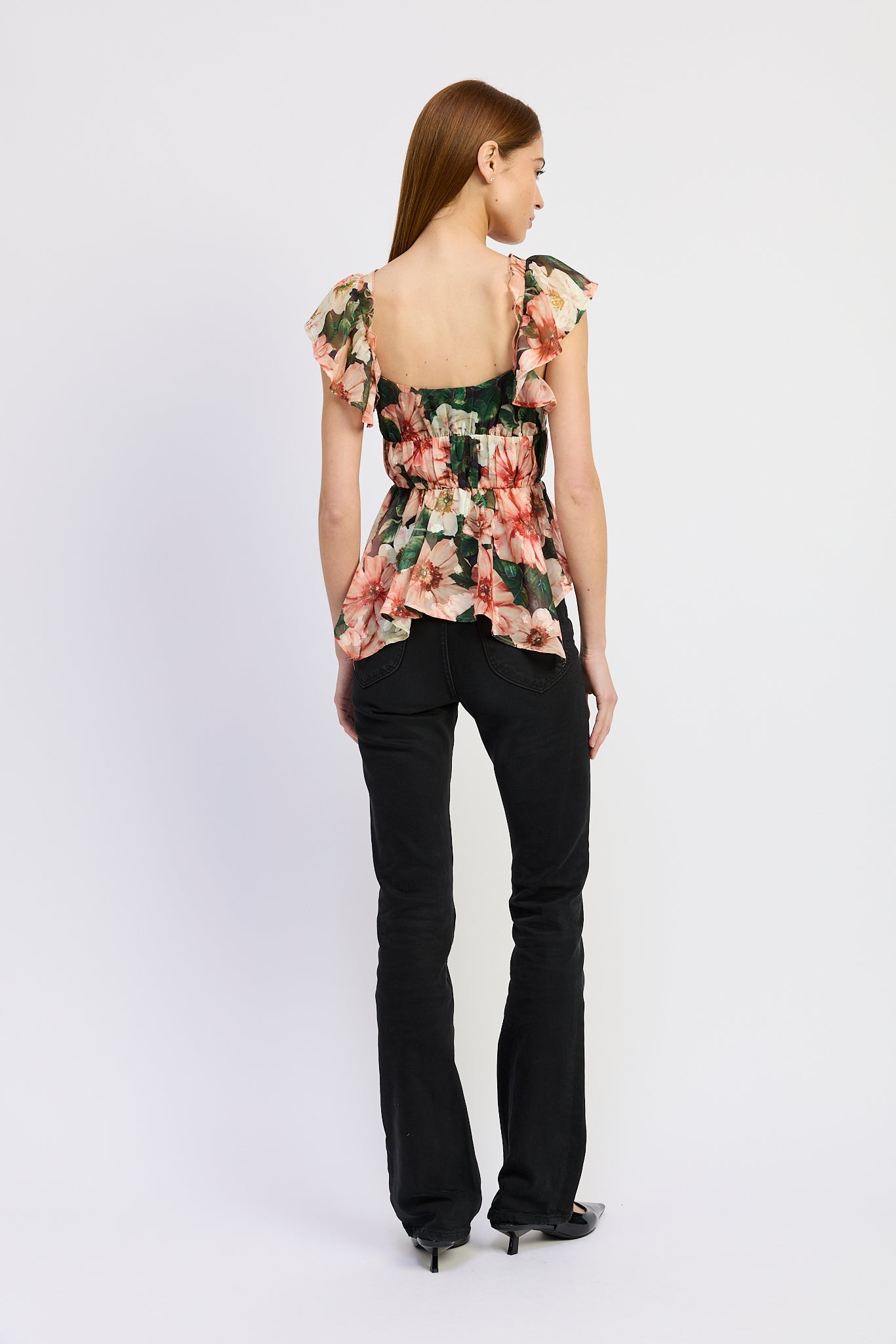 En Saison Ruffled Tie Front Handkerchief Hem Blouse