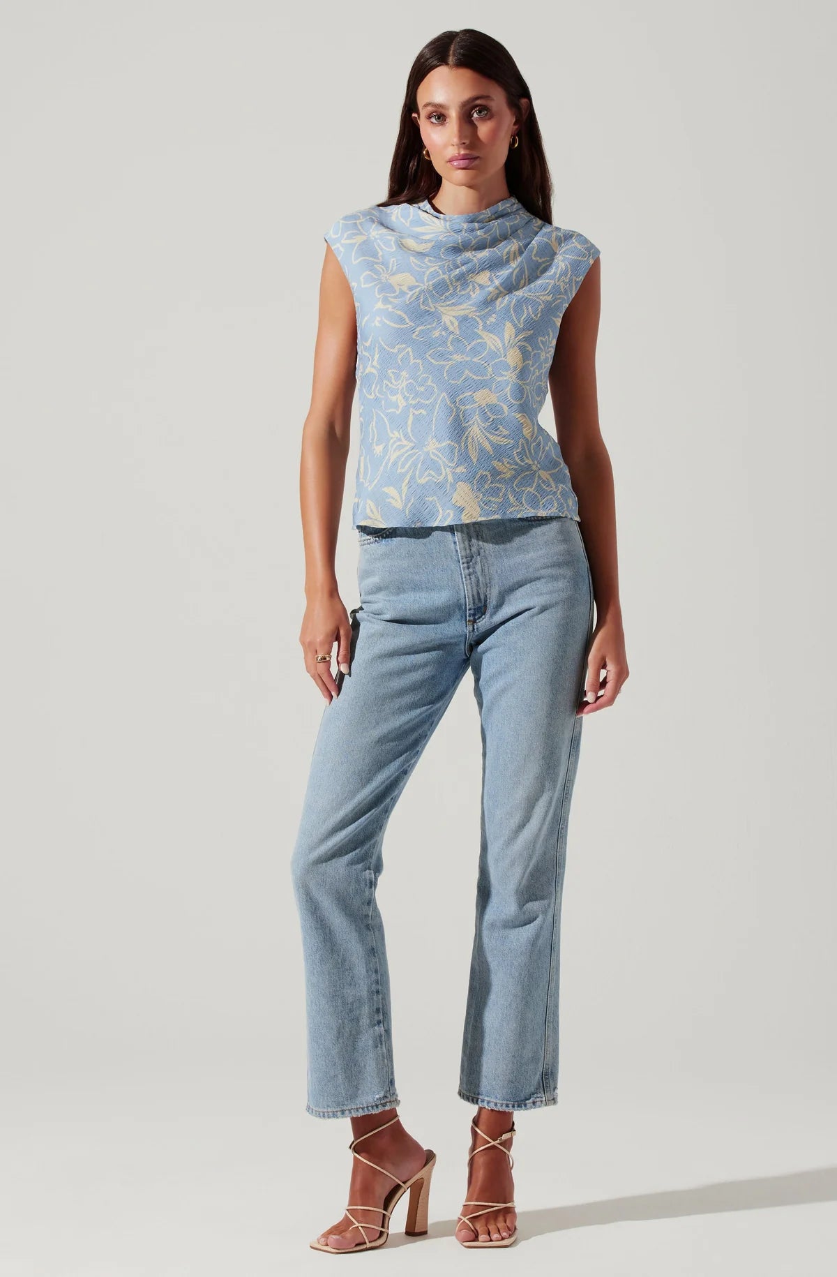 ASTR The Label Women's Tazia Draped Top (Blue White Floral)