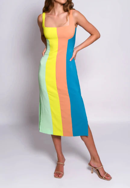 Hutch Square Neck Color Blocked Midi Dress (Warm Colorblock)