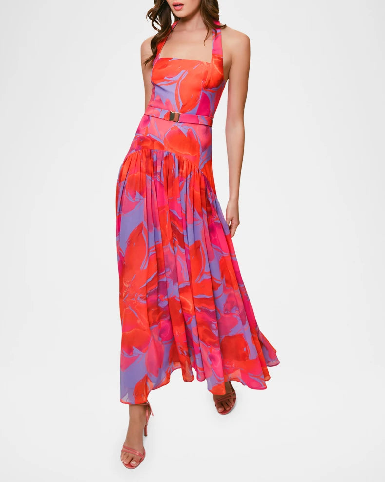 Hutch Aza Pleated Floral-Print Halter Maxi Dress