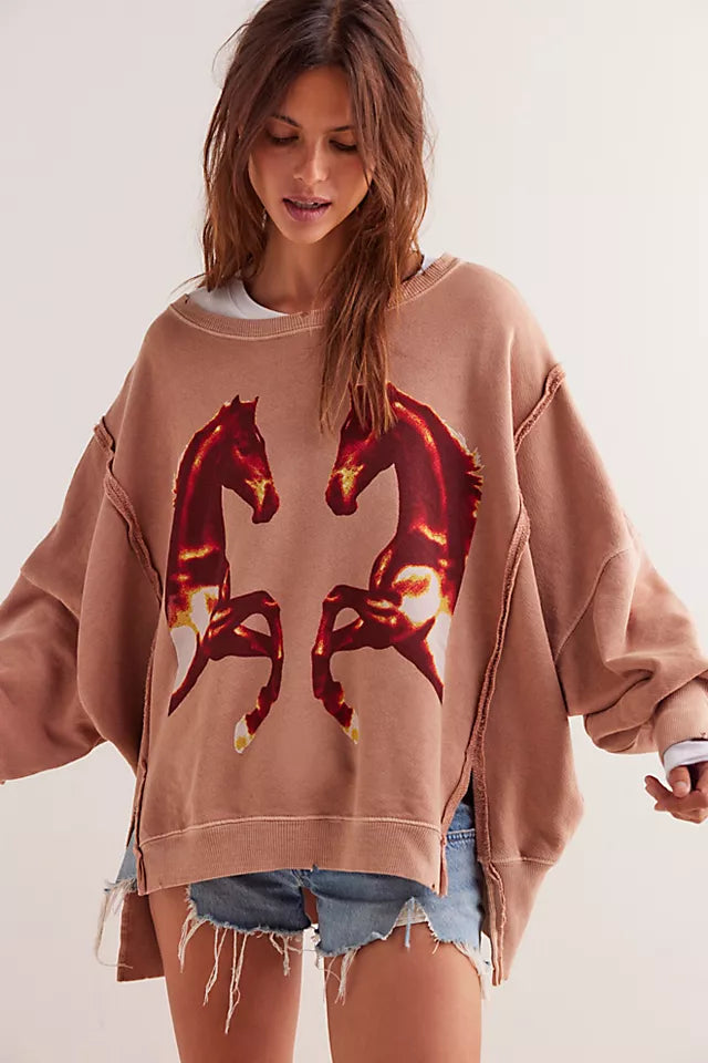 Free People Mirrored Horses Graphic Camden Pullover