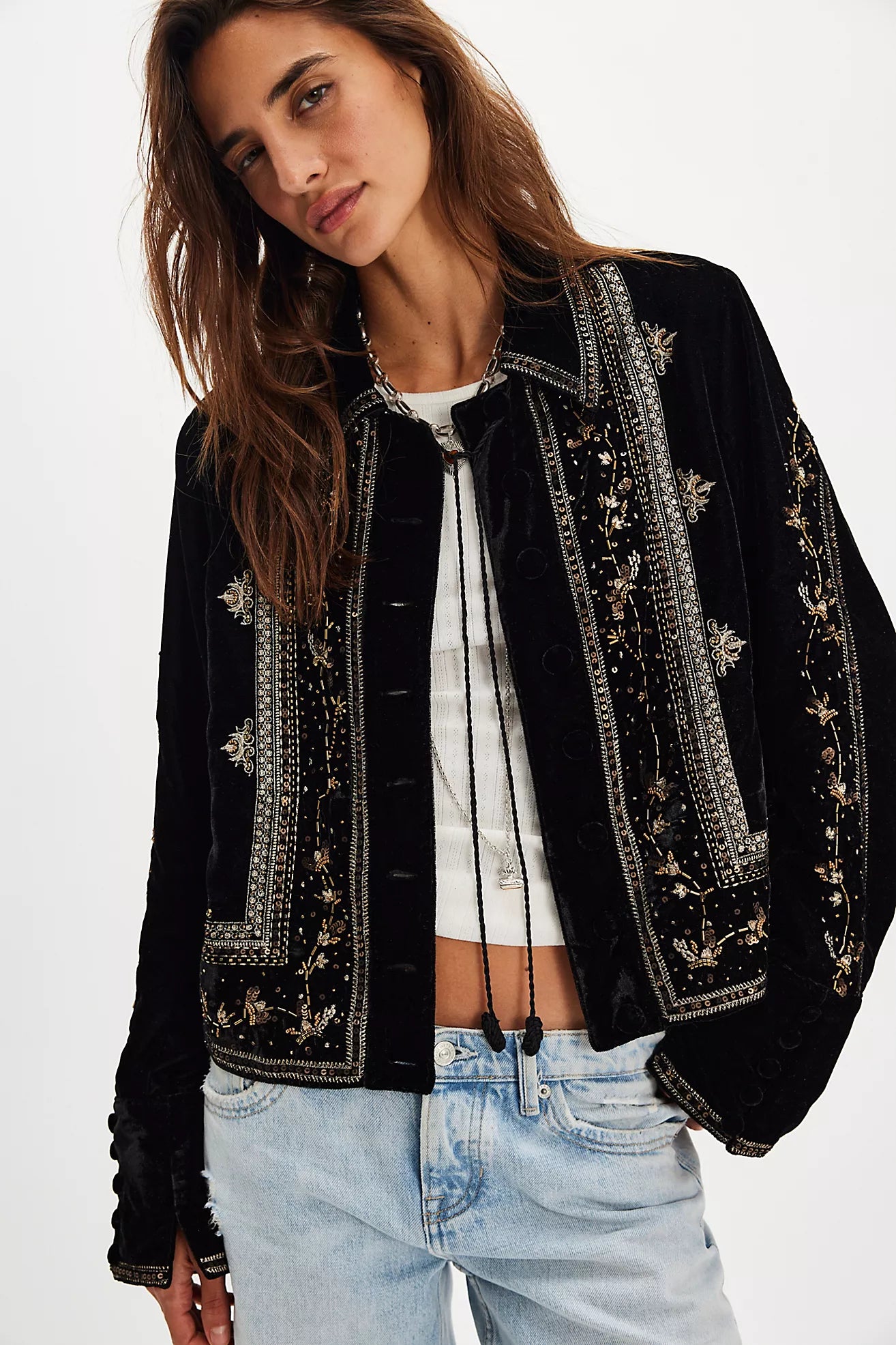 Free People Maxxie Embellished Velvet Women Jacket - Black Free People Maxxie Embellished Velvet Women Jacket - Black