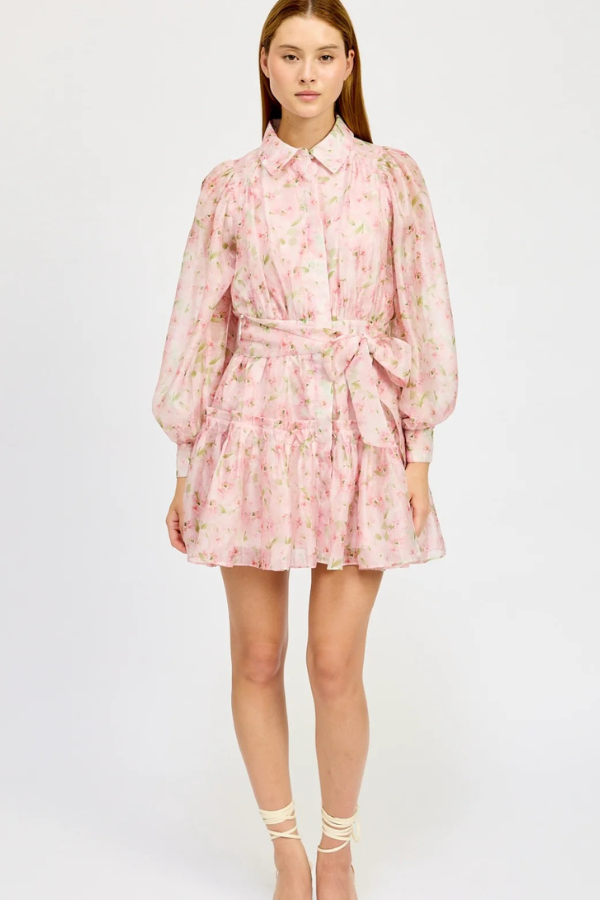 En Saison Floral Print Long Sleeve Tie Waist Mini Dress