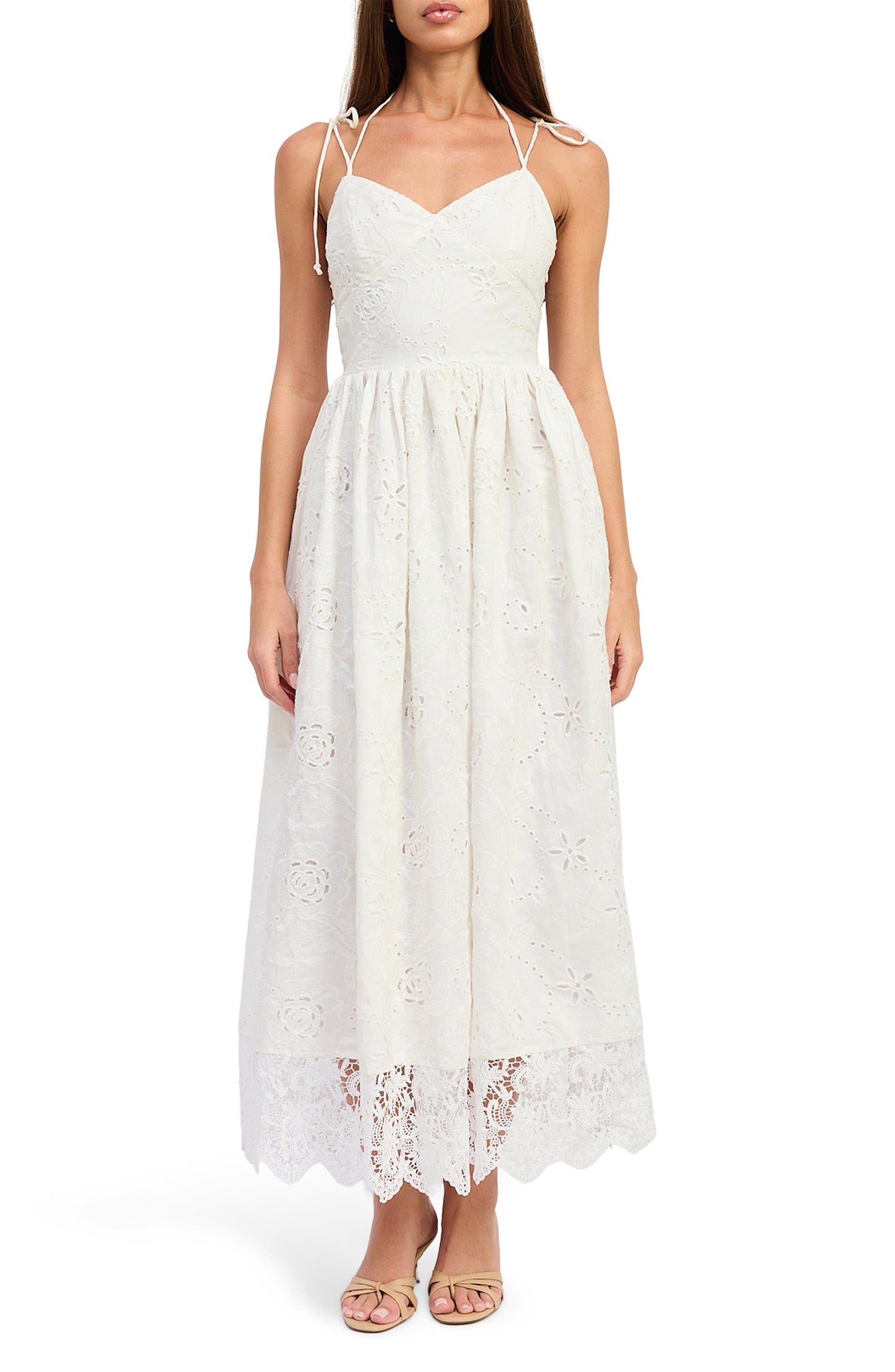 En Saison Women's Dual Tie Lace Border Embroidered Maxi Dress