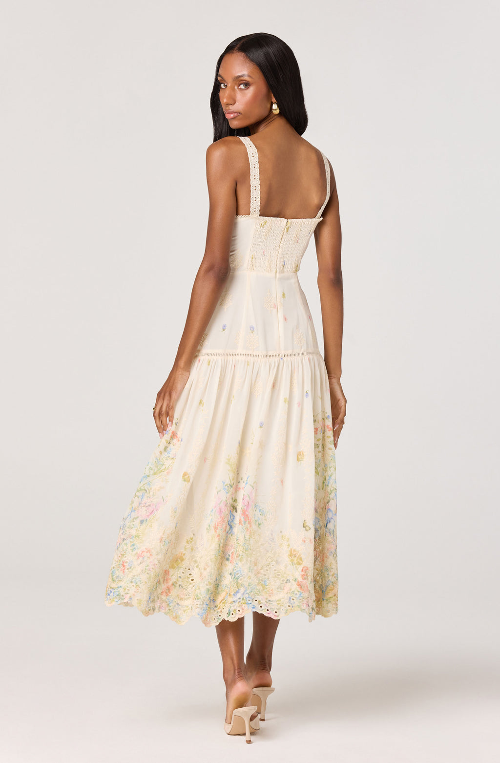 ASTR The Label Pellagia Embroidered Eyelet Tiered Midi Dress