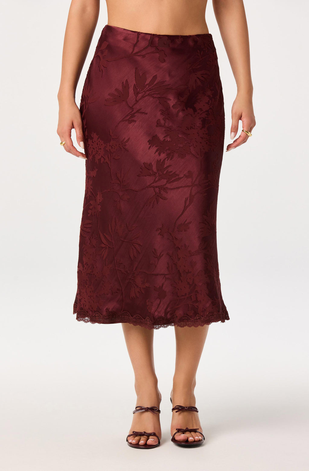 ASTR The Label Windey Floral Burnout Satin Midi Skirt