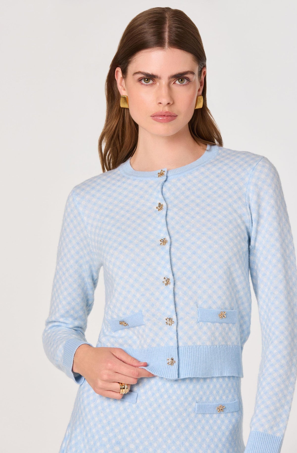 ASTR The Label Marian Jeweled Button Plaid Cardigan