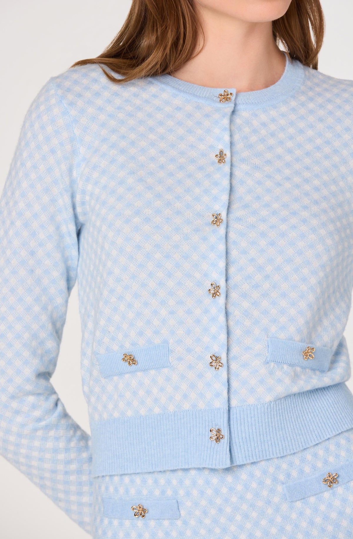 ASTR The Label Marian Jeweled Button Plaid Cardigan