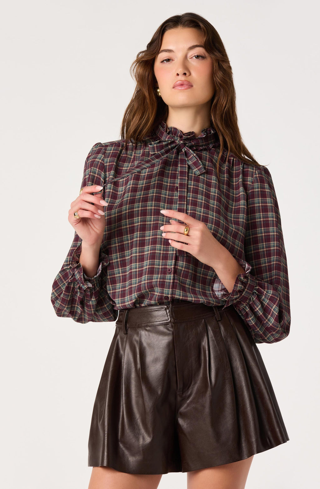 ASTR The Label Alyssa Plaid Ruffle-Collar Blouse
