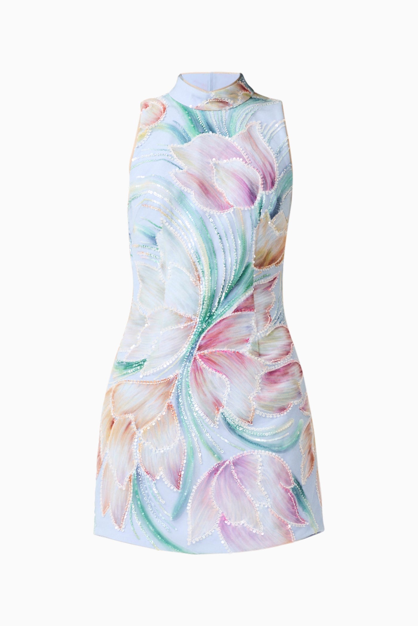 Floral dress with a pastel color scheme on a white background