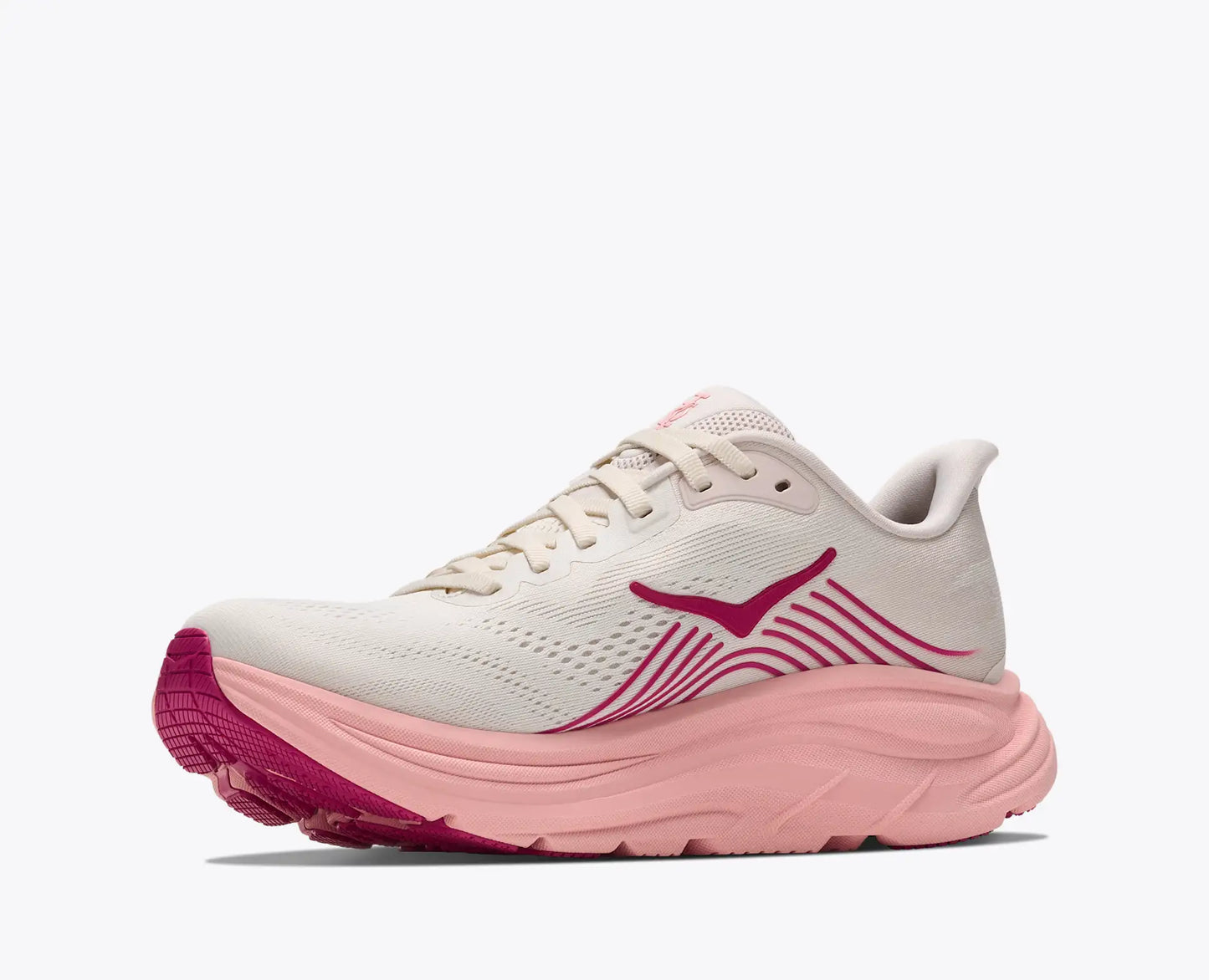 White and pink running shoe on a white background