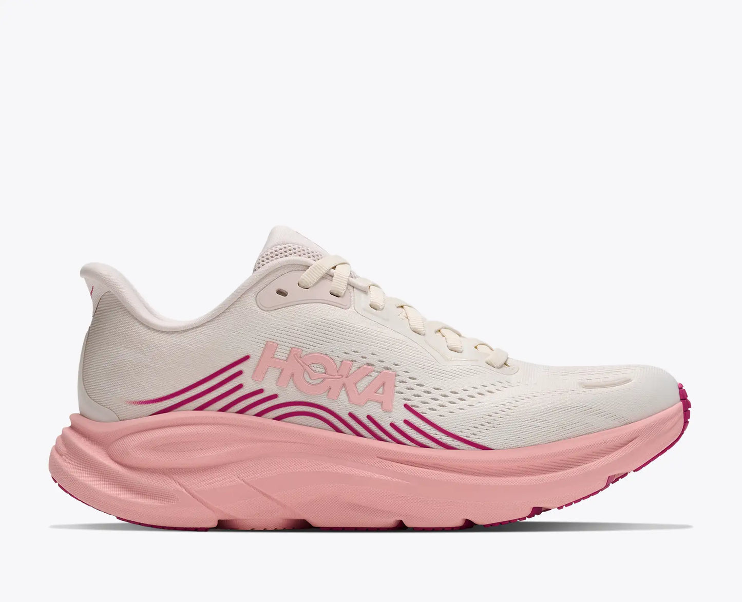 Pink and white running shoe with Hoka branding on a white background