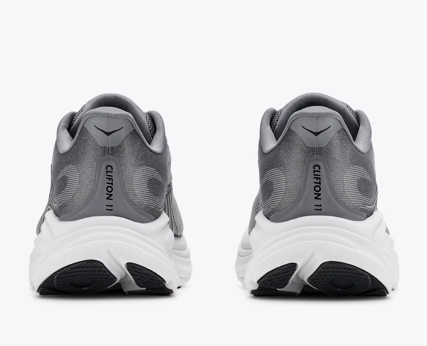 Gray running shoes with 'Clifton 11' branding on a white background