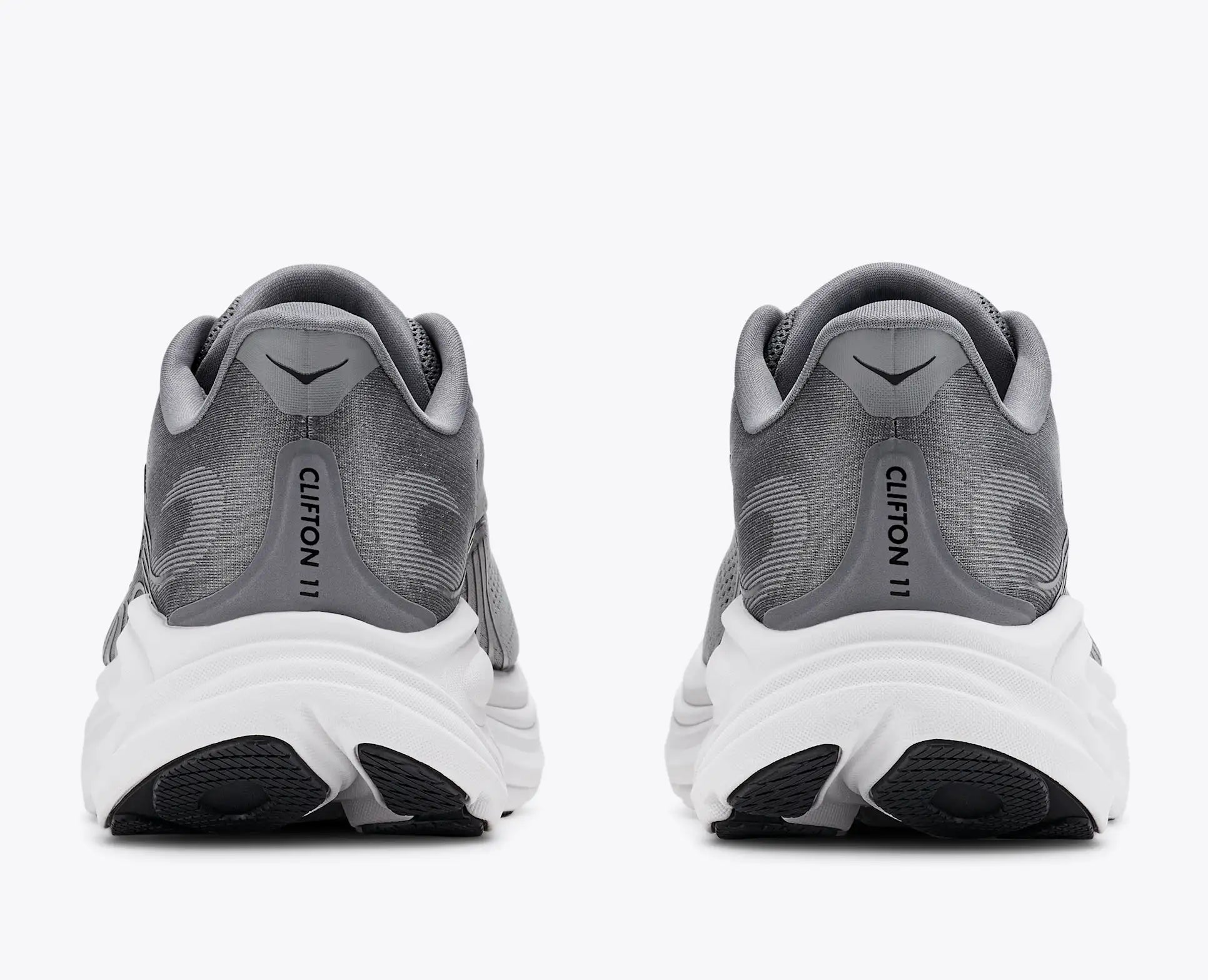 Gray running shoes with 'Clifton 11' branding on a white background