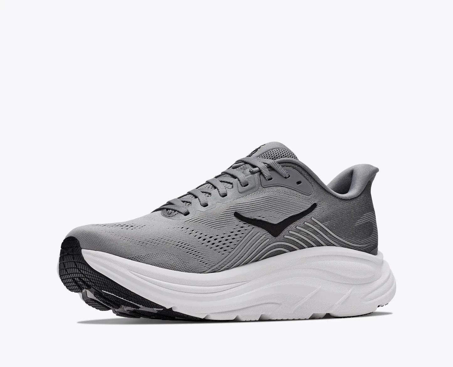 Gray running shoe with white sole on a light gray background