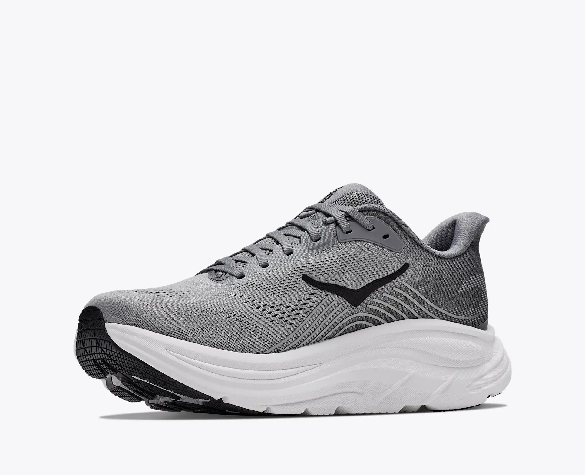 Gray running shoe with white sole on a light gray background