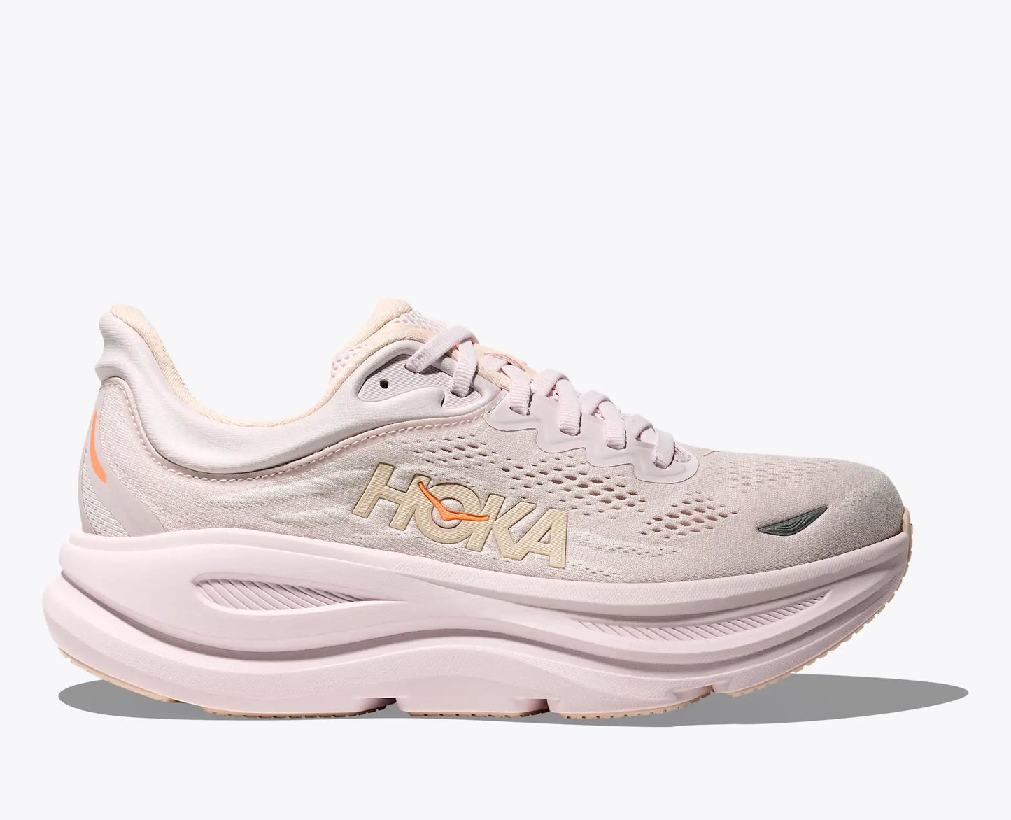 Pink running shoe with 'Hoka' branding on a white background
