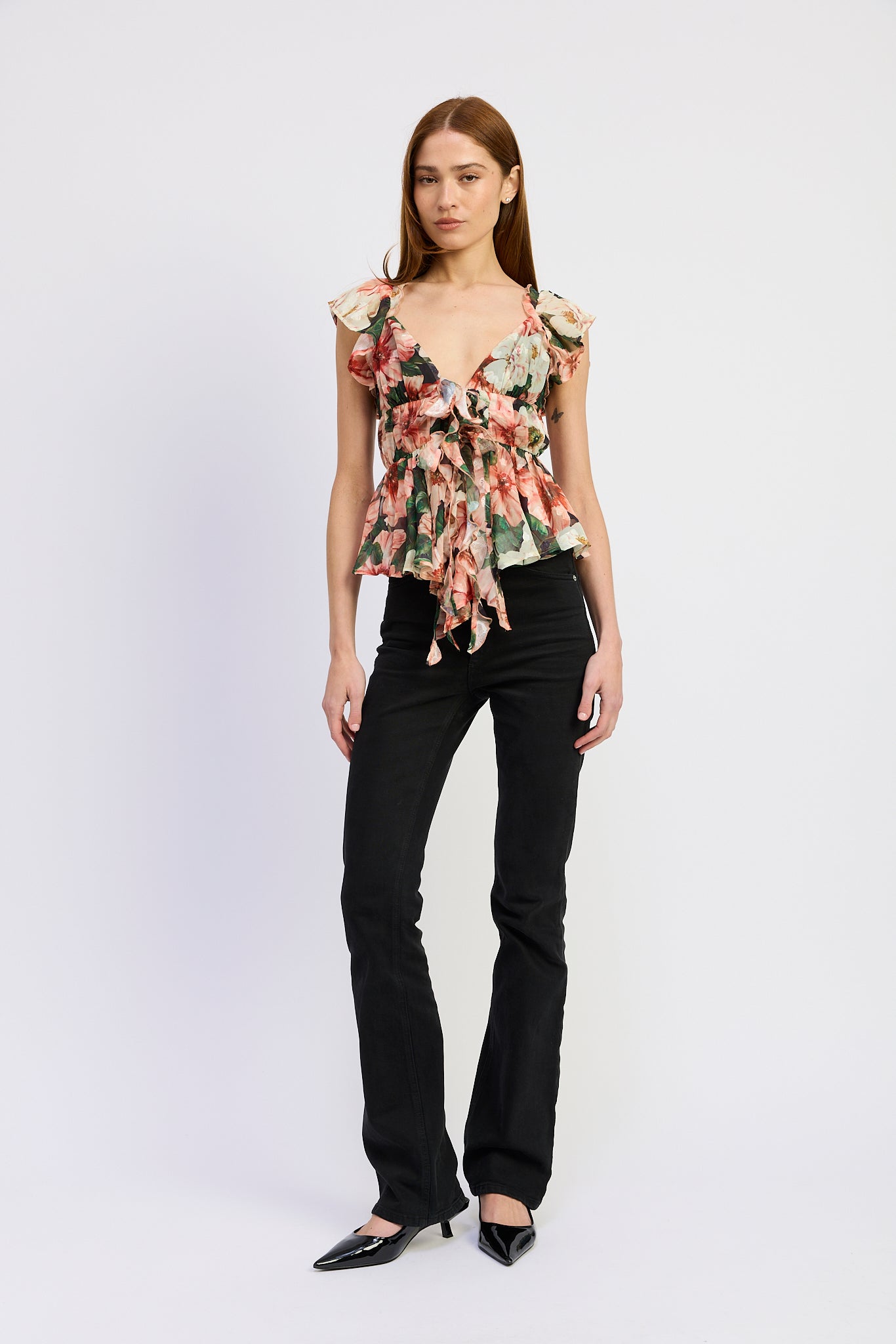 En Saison Ruffled Tie Front Handkerchief Hem Blouse