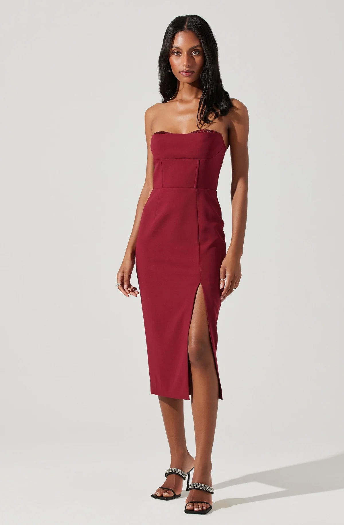 ASTR the Label | Melani Embellished Strapless Midi Dress in Wine