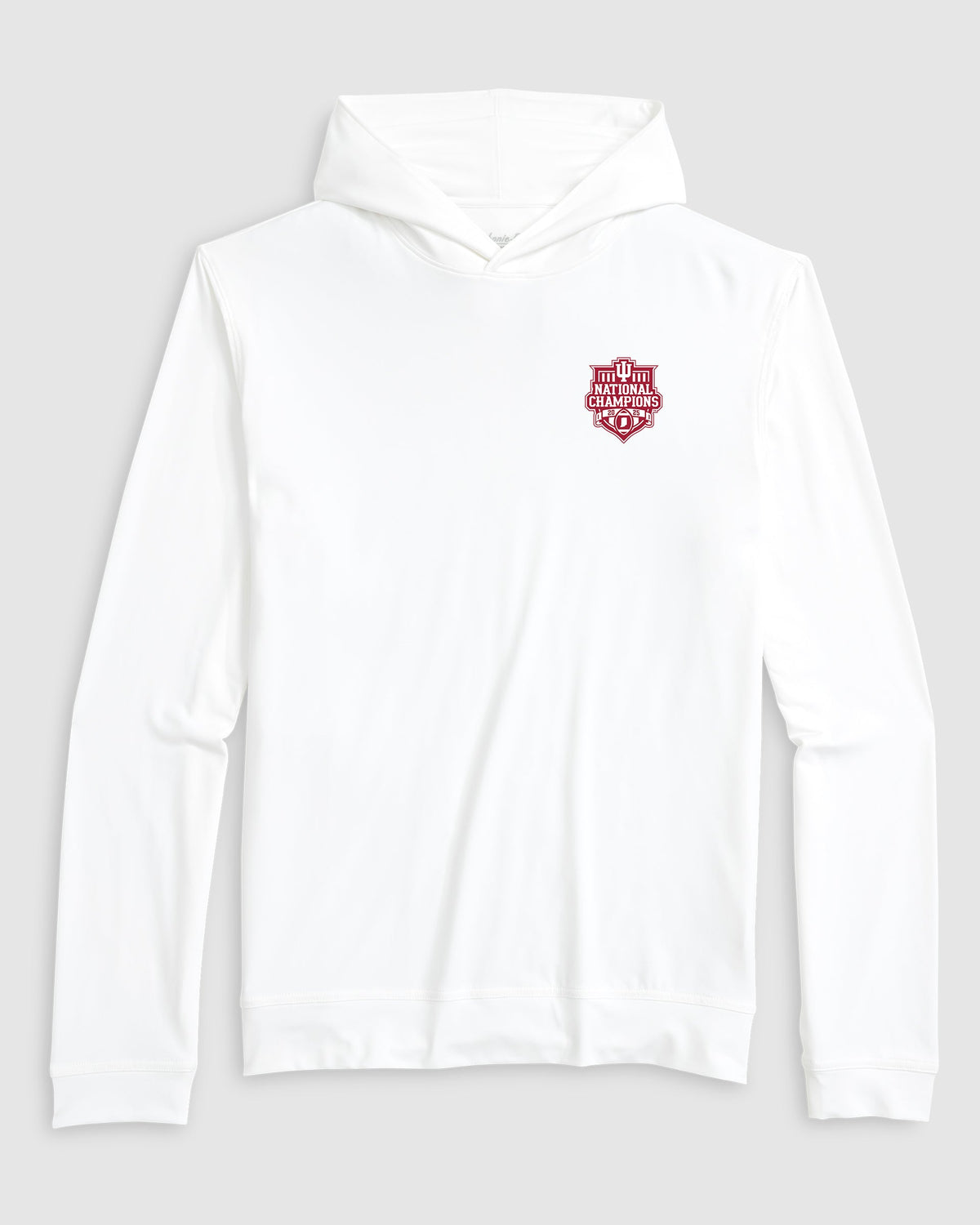 A white long-sleeve hooded shirt with a small red embroidered shield logo on the left chest, displayed on a neutral light gray background.