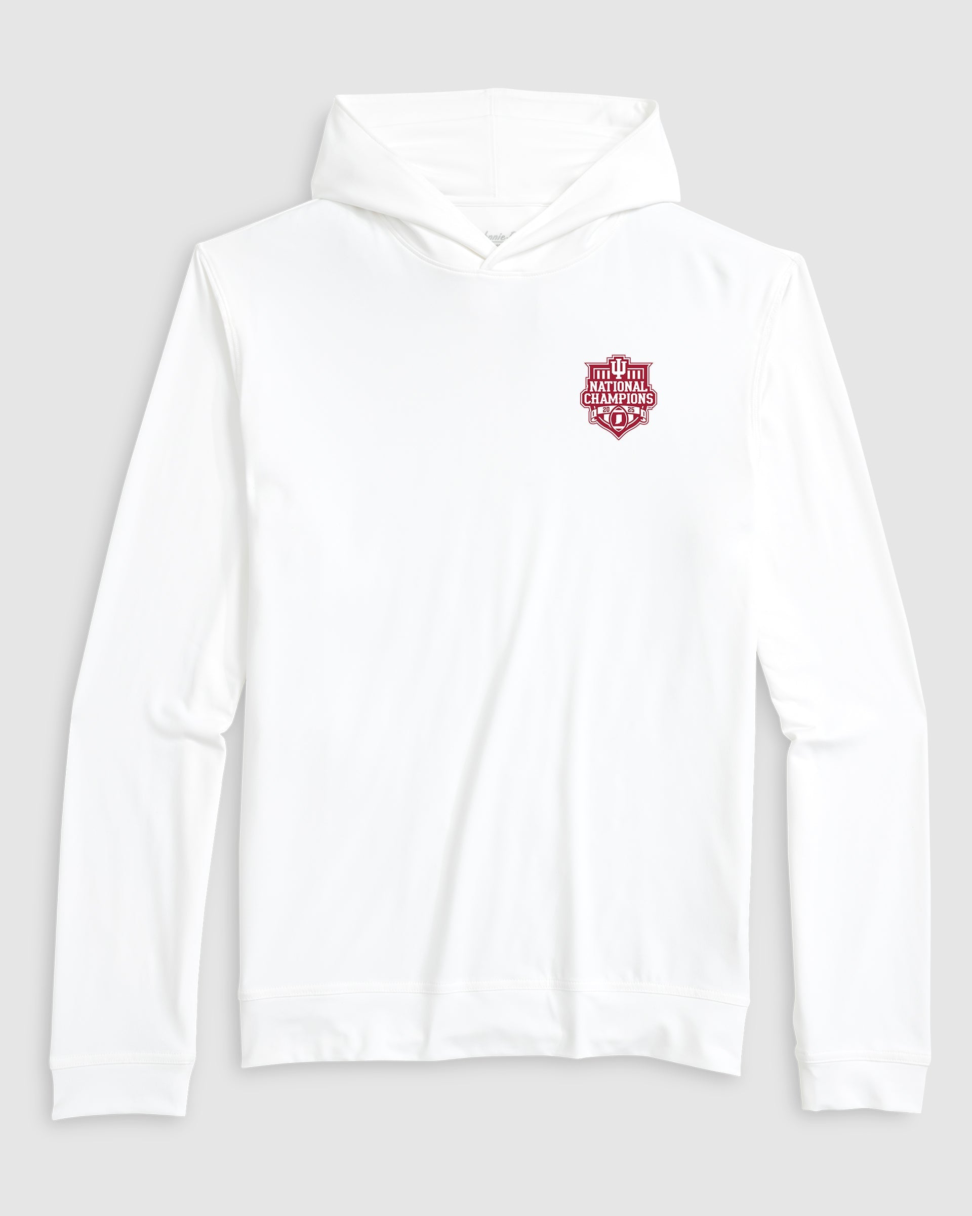 A white long-sleeve hooded shirt with a small red embroidered shield logo on the left chest, displayed on a neutral light gray background.