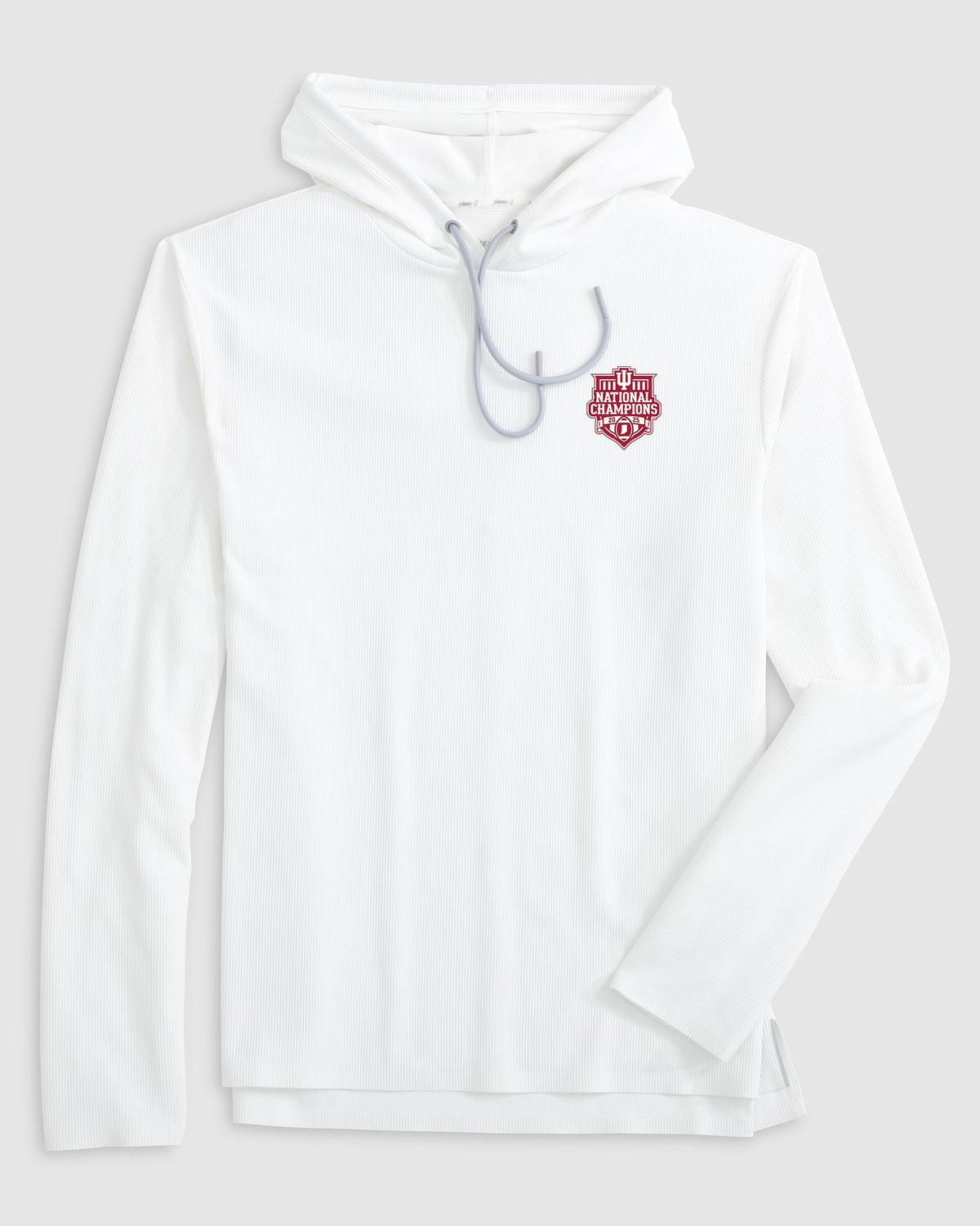 A white long-sleeve hooded athletic shirt with a small red and white shield logo on the left chest, featuring a light gray drawstring, shown on a light gray background.