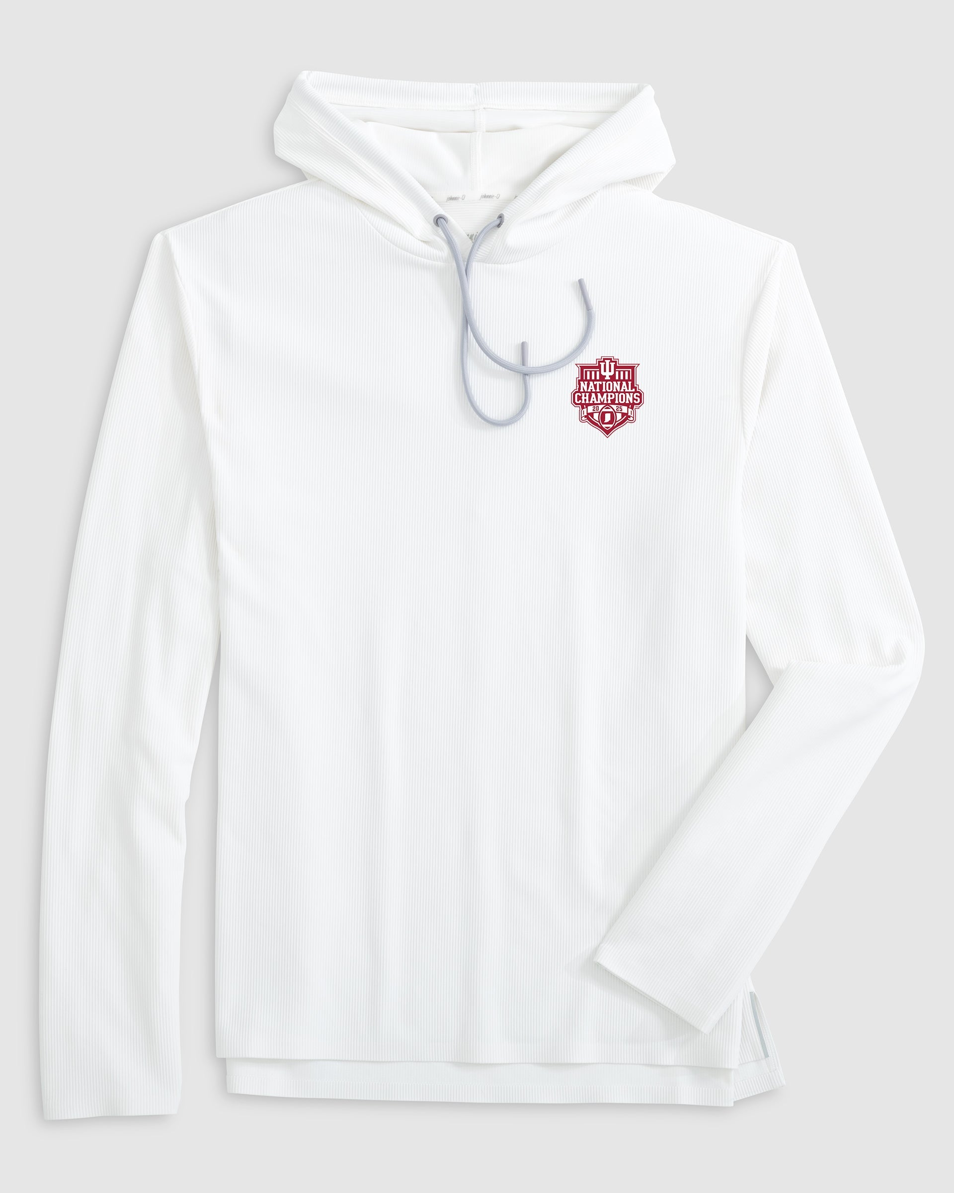 A white long-sleeve hooded athletic shirt with a small red and white shield logo on the left chest, featuring a light gray drawstring, shown on a light gray background.