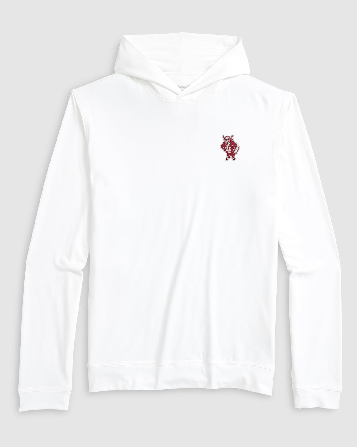 A white long-sleeve hooded sweatshirt with a small red graphic logo on the left chest, displayed against a light gray background.