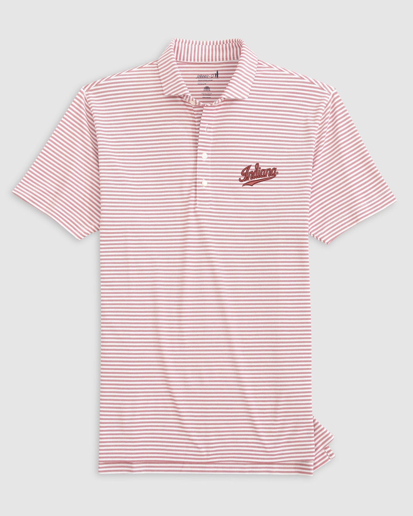 A short-sleeve polo shirt with thin pink and white horizontal stripes, featuring a small embroidered 'Gulds' logo on the left chest, displayed against a light gray background.