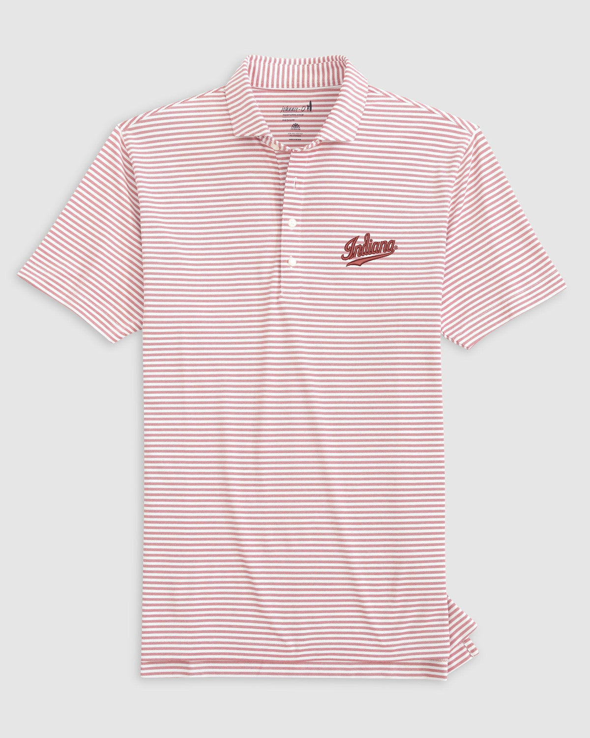 A short-sleeve polo shirt with thin pink and white horizontal stripes, featuring a small embroidered 'Gulds' logo on the left chest, displayed against a light gray background.