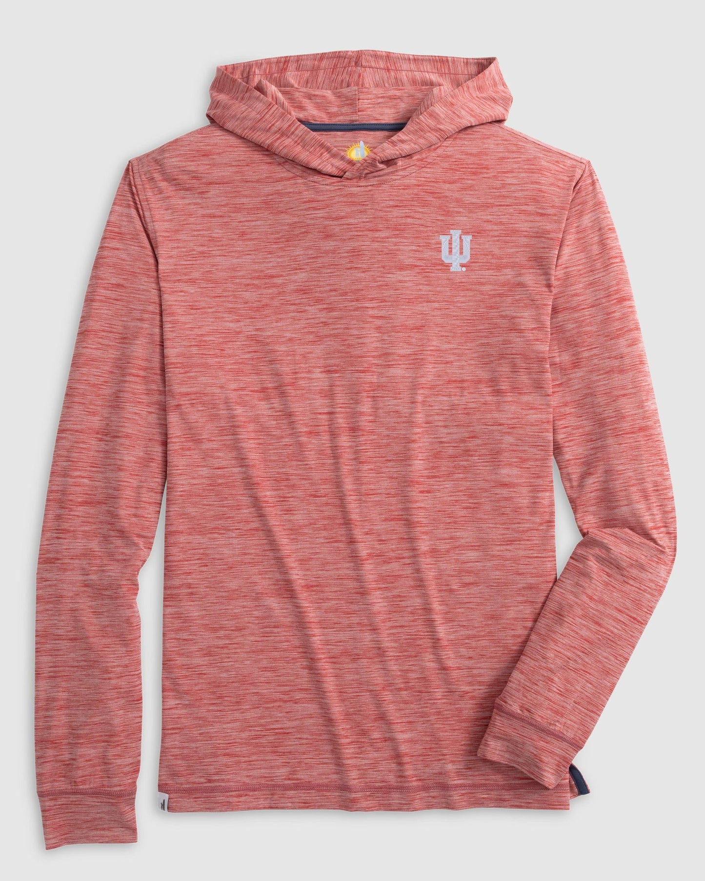 A heathered coral pink hooded long-sleeve shirt with a white Indiana University 'IU' logo on the left chest, displayed on a neutral light gray background.