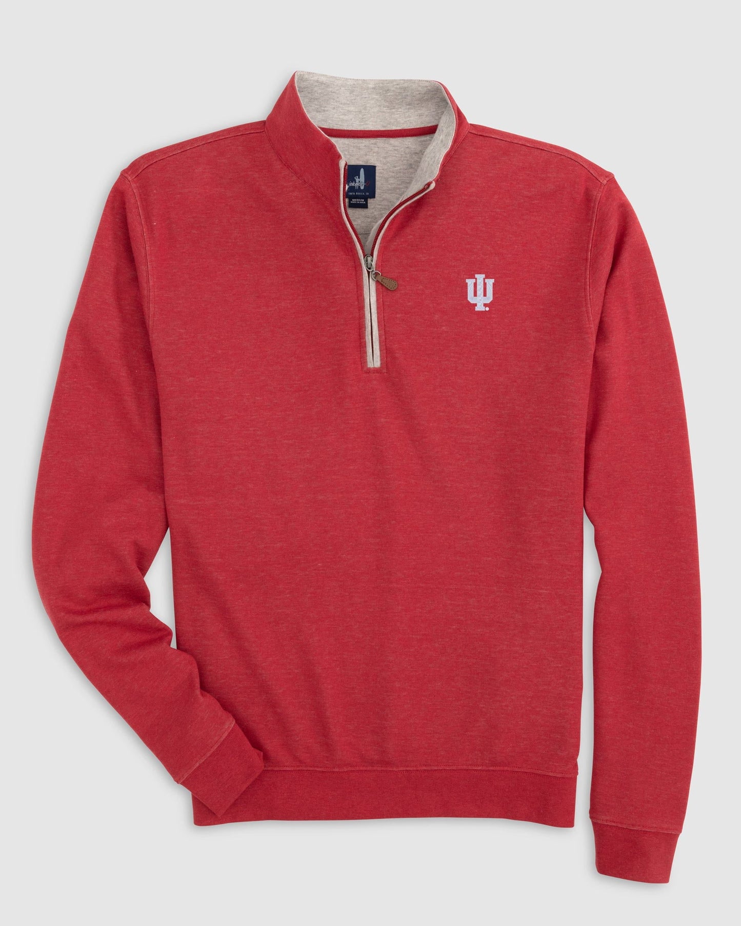 A heather red long-sleeve quarter-zip pullover sweatshirt with a light gray ribbed collar and a white embroidered Indiana 'IU' logo on the left chest, shown against a light gray background.