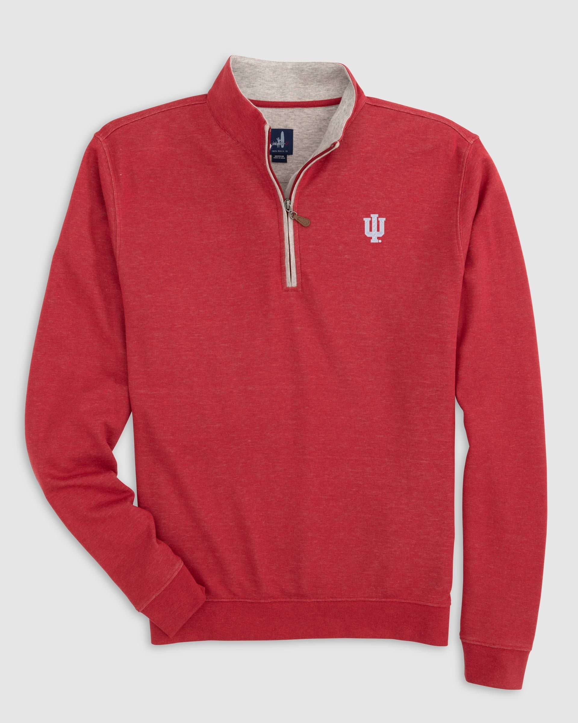 A heather red long-sleeve quarter-zip pullover sweatshirt with a light gray ribbed collar and a white embroidered Indiana 'IU' logo on the left chest, shown against a light gray background.