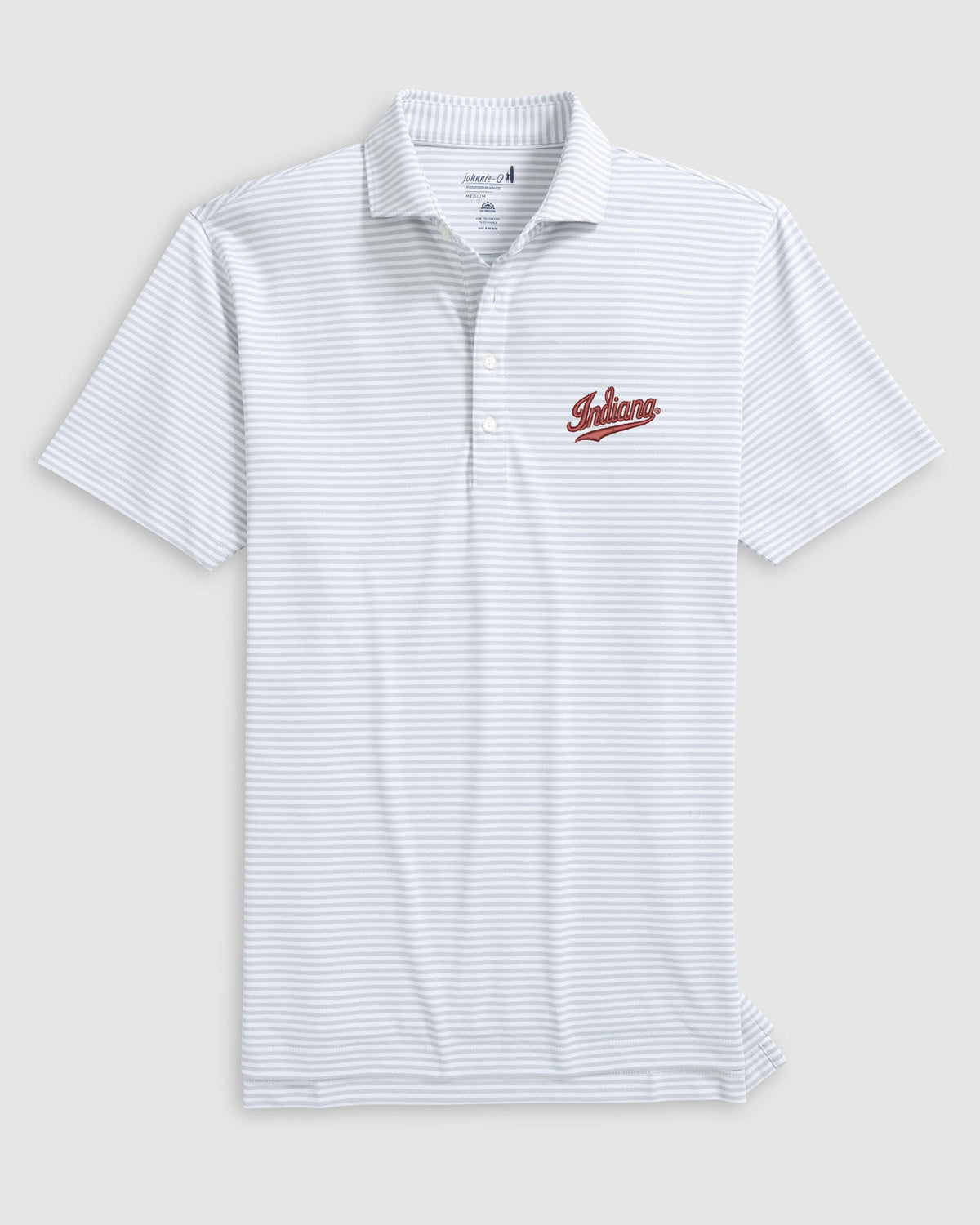 A white short-sleeve polo shirt with thin gray horizontal stripes and a red embroidered 'Indians' script logo on the left chest, displayed against a light gray background.