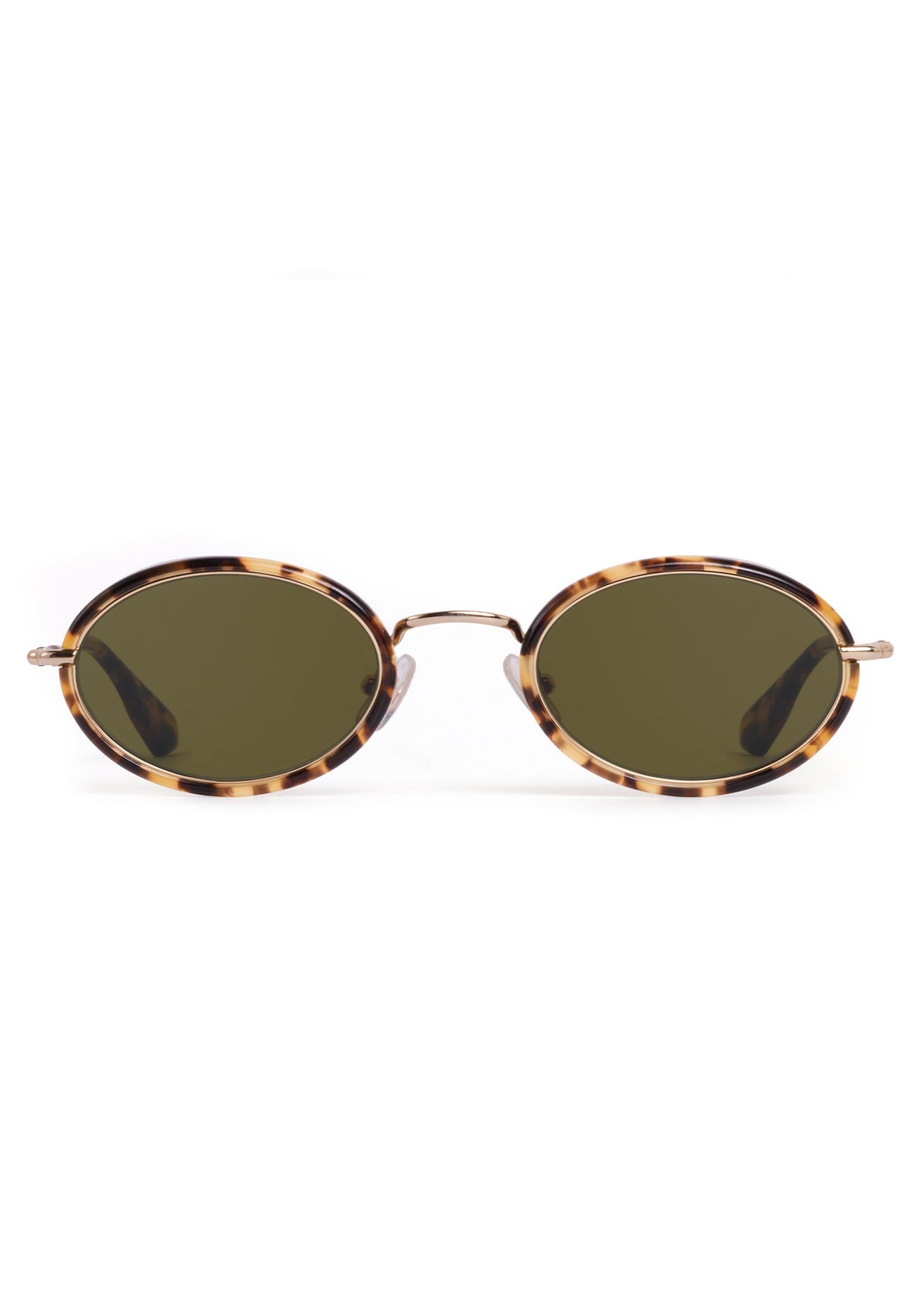 Oval sunglasses with a tortoiseshell patterned frame and olive green lenses, shown against a plain white background.