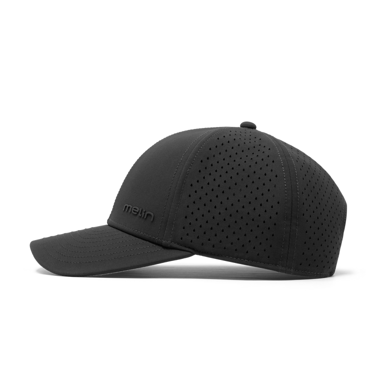 Black baseball cap with 'Melin' branding on a white background