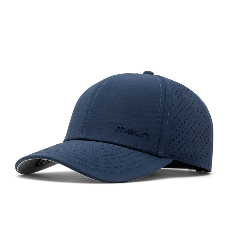 Blue baseball cap with 'Melin' branding on a white background