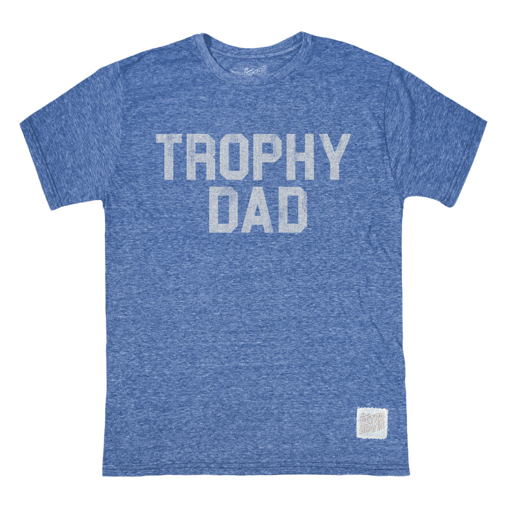 Blue t-shirt with 'Trophy Dad' text on a white background