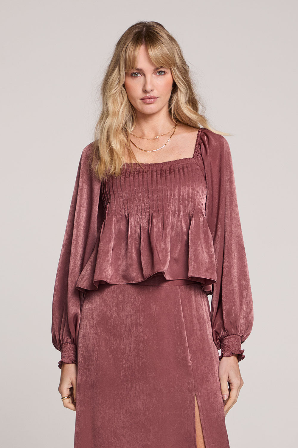 Saltwater Luxe Sangria Satin Long Sleeve Top