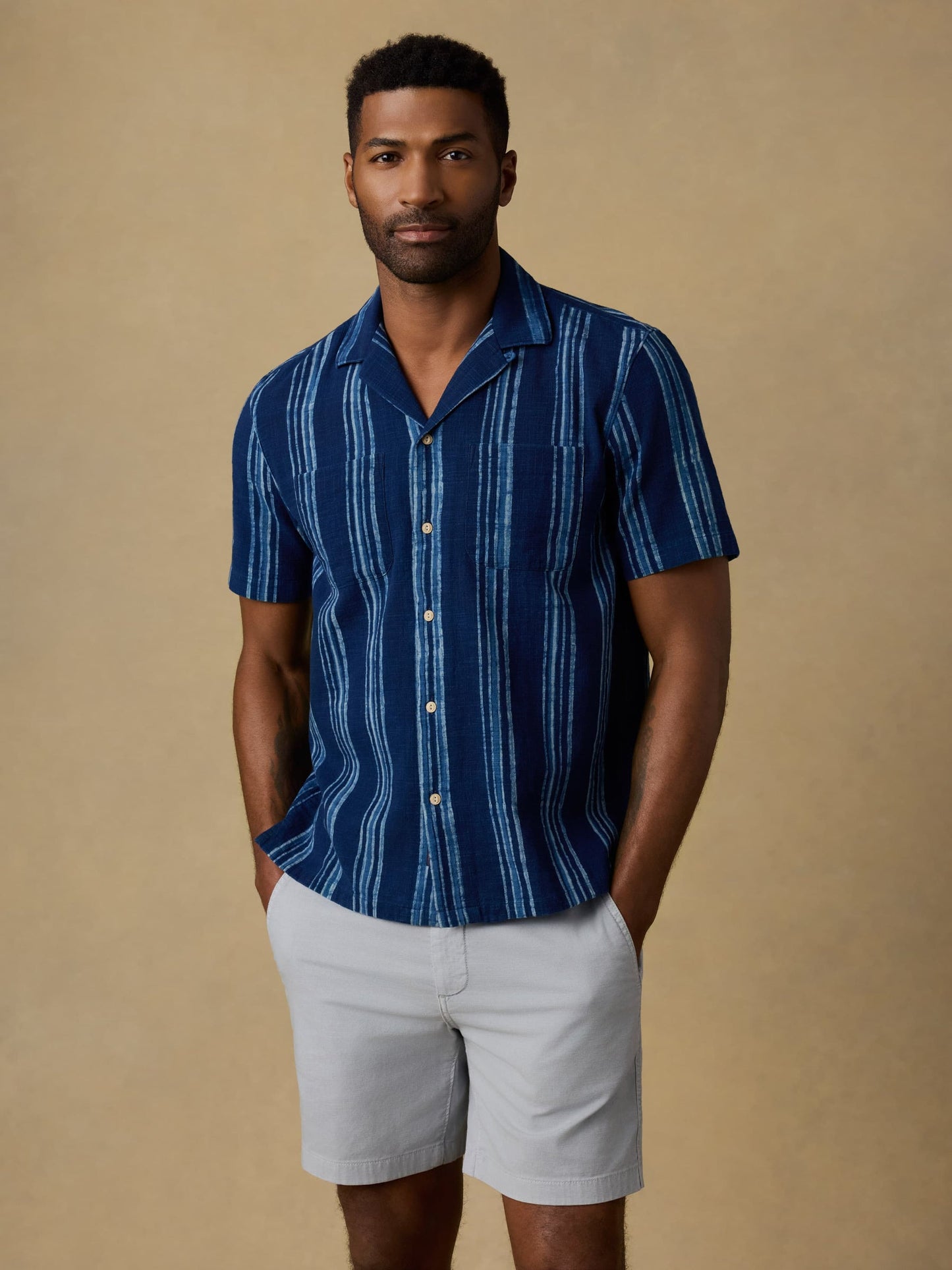 Faherty Men's Short Sleeve Indigo Camp Shirt