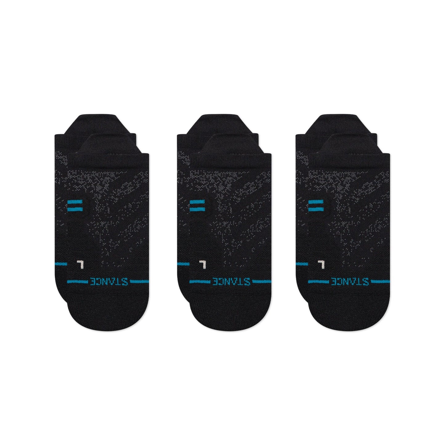 Three pairs of black ankle socks with blue accents on a white background
