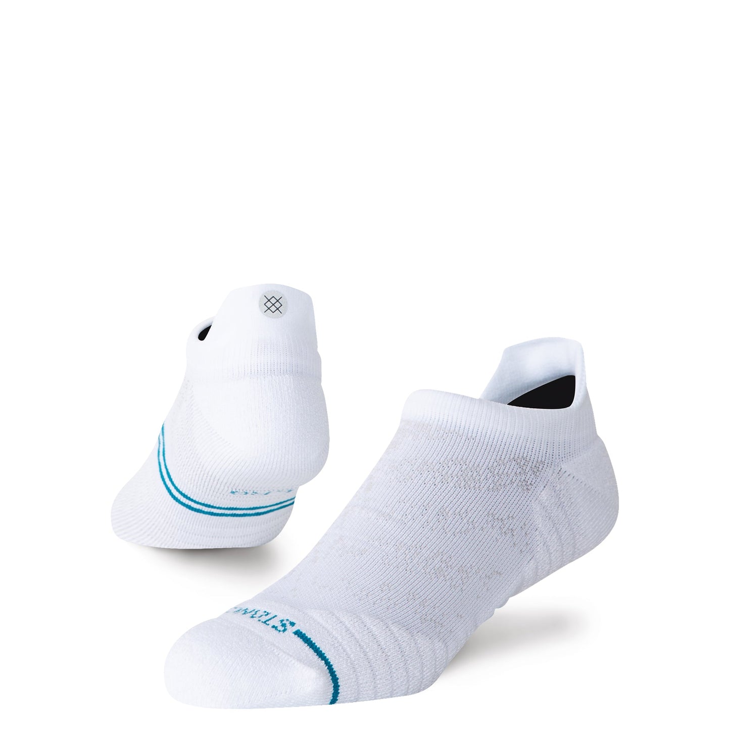 White ankle socks with blue accents on a white background