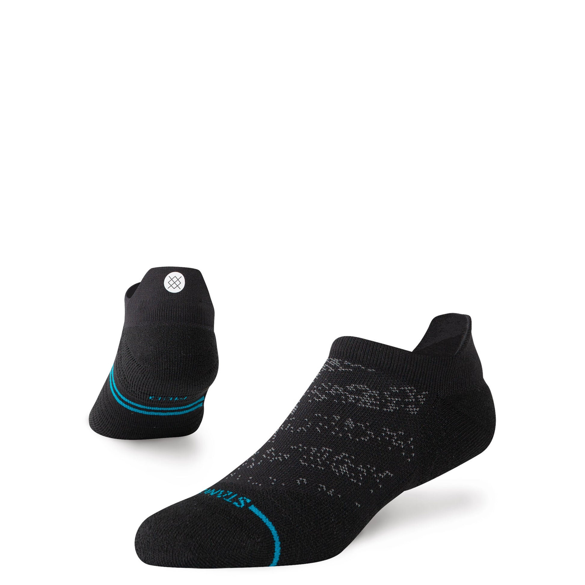 Black ankle socks with blue accents on a white background