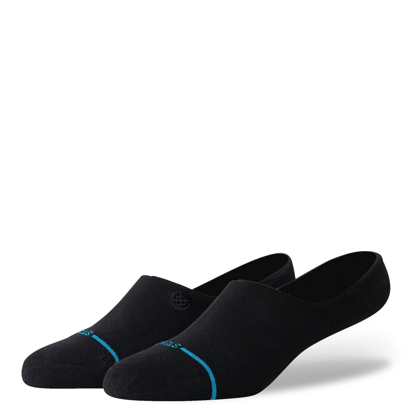 Two black ankle socks with a small logo on a white background