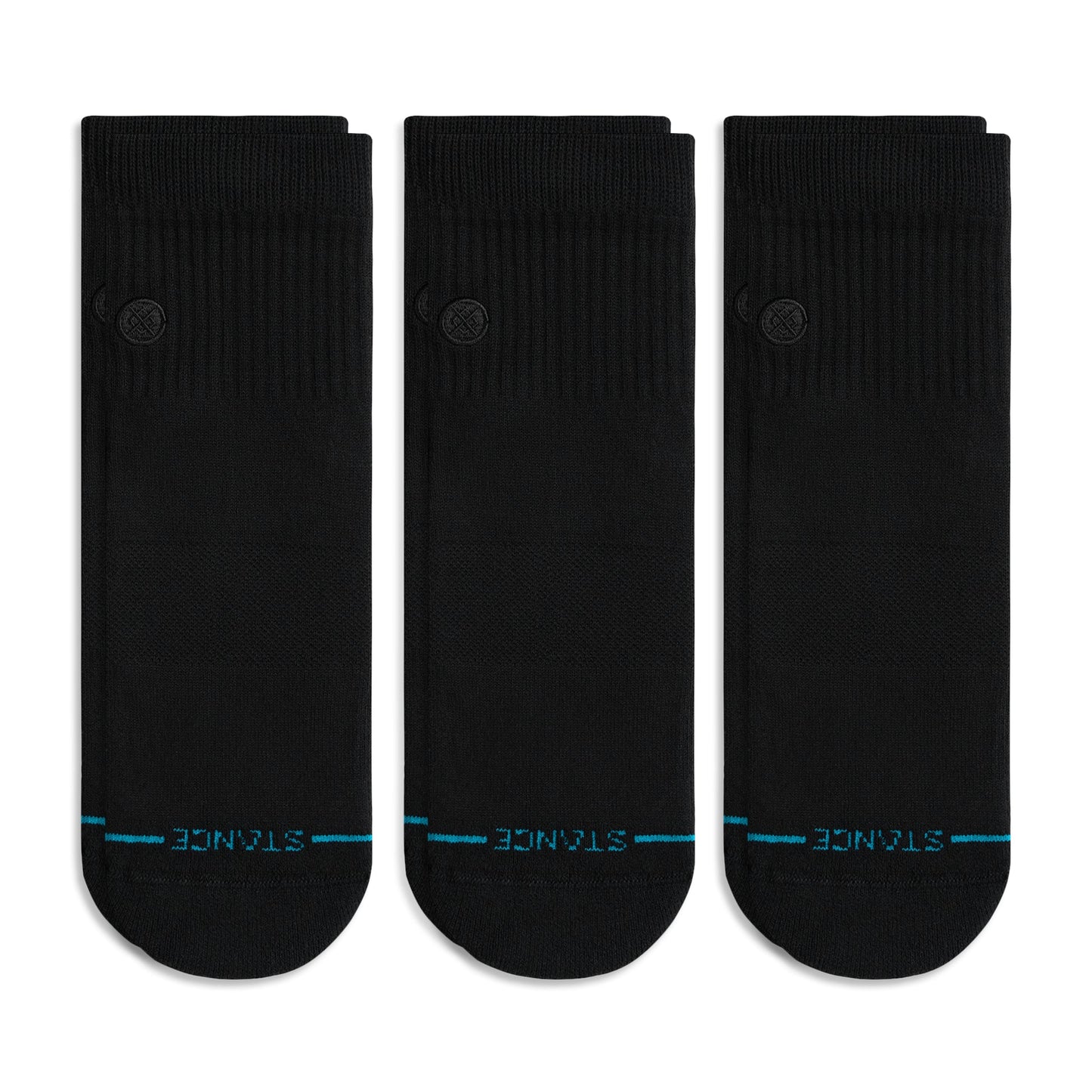 Three black socks with blue stitching on a white background
