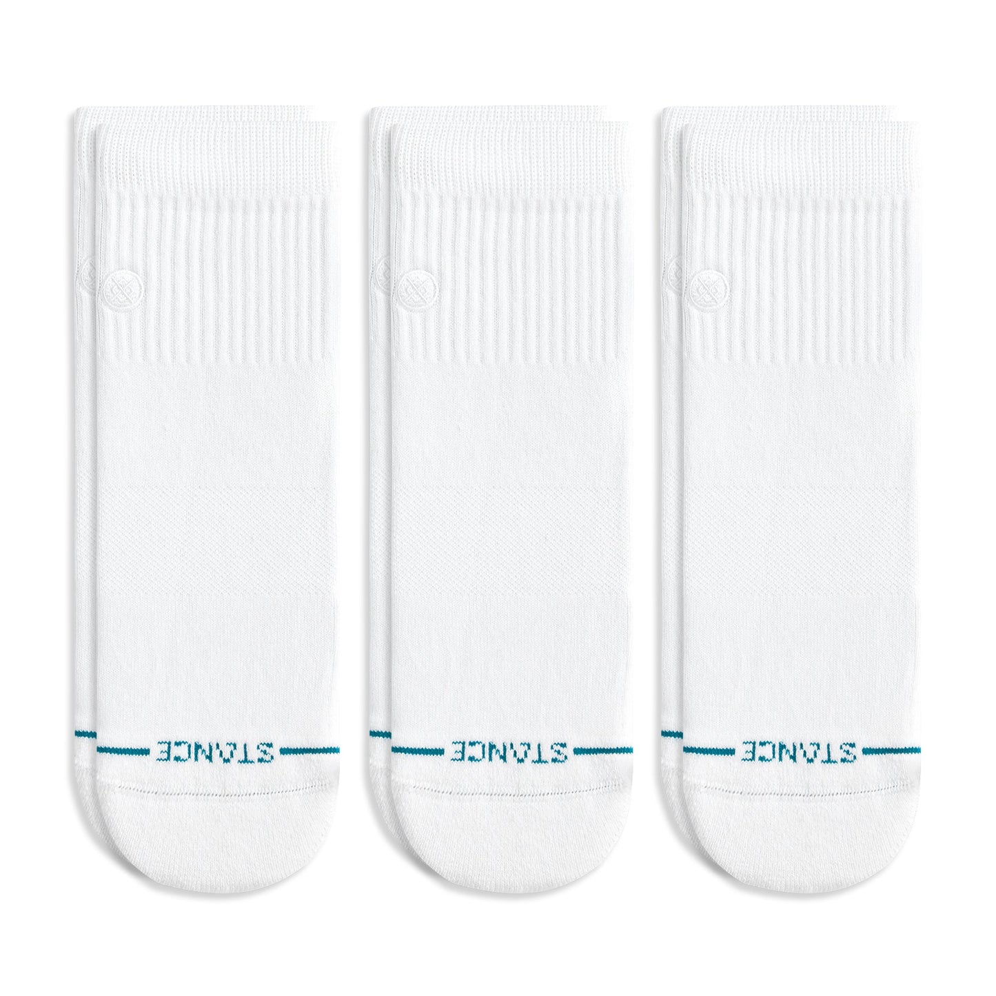 Three white socks with a blue brand logo on a white background