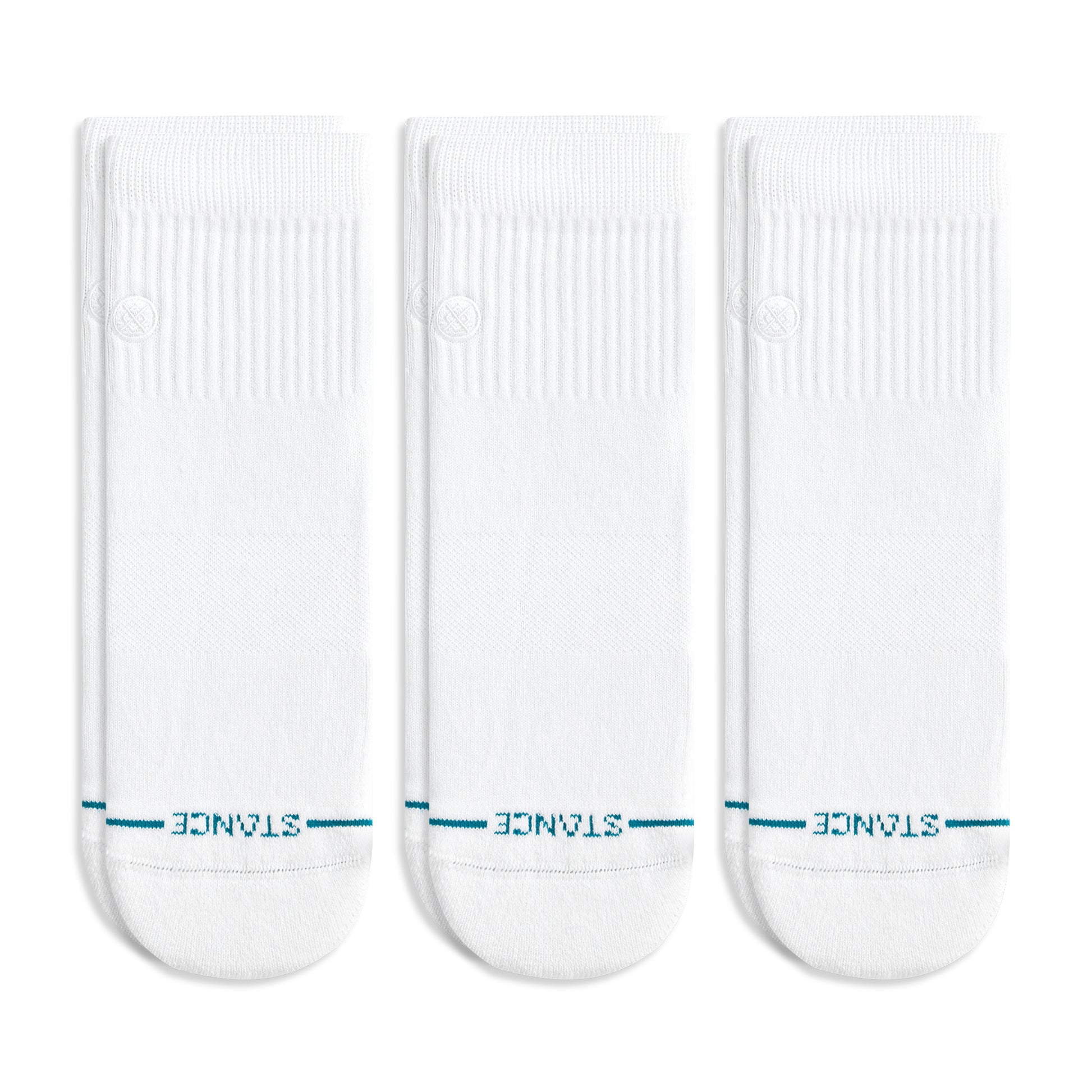 Three white socks with a blue brand logo on a white background